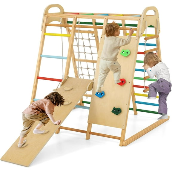 OLAKIDS Indoor Jungle Gym, 8 in 1 Kids Montessori Indoor Playground Climbing Playset for Toddlers with Slide Swing Net Monkey Bars Rope Ladder, Wood Climber Toys for Boys Girls