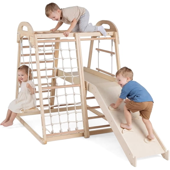 OLAKIDS Indoor Jungle Gym, 8 in 1 Wooden Montessori Baby Climbing Toys with Adjustable Ramp, Swing Slide Monkey Bar Rope Ladder Waiting Area Climb Net