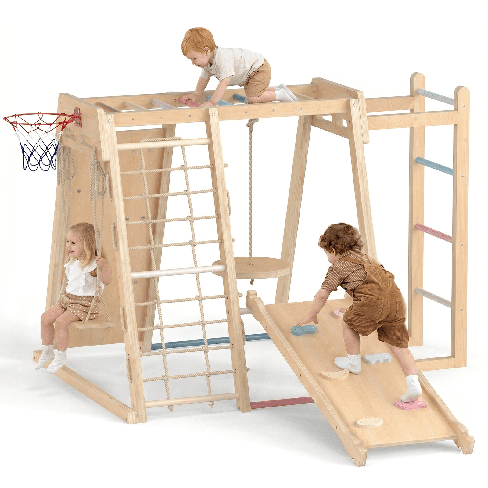 OLAKIDS Indoor Jungle Gym, 9 in 1 Wooden Montessori Baby Climbing Toys ...