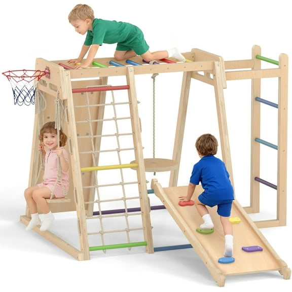 OLAKIDS Indoor Jungle Gym, 9 in 1 Wooden Montessori Baby Climbing Toys with Adjustable 2 Swings Ramp, Monkey Bar Basketball Hoop Ladder Climb Net