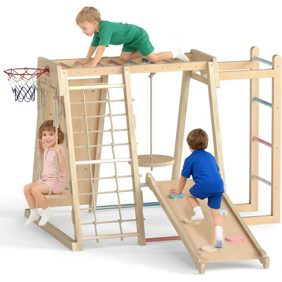 OLAKIDS Indoor Jungle Gym, 9 in 1 Wooden Montessori Baby Climbing Toys with Adjustable 2 Swings Ramp, Monkey Bar Basketball Hoop Ladder Climb Net