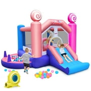 OLAKIDS Inflatable Bounce House with Blower, Kids Candyland Pink Jumping Castle with Slide Ball Pit Basketball Rim, Indoor Outdoor Inflatable Obstacle Course with 680W Blower 50PCS Balls Carry Bag