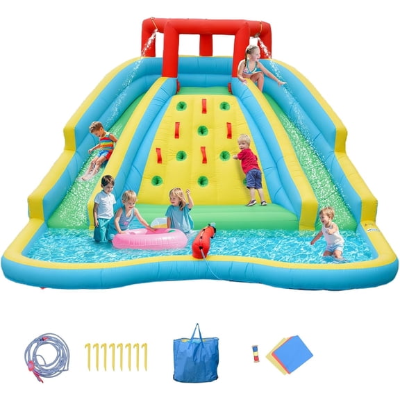 OLAKIDS Inflatable Water Park, 5 in 1 Bounce House with 2 Slides, Climbing Wall, Large Splash Pool, Water Blaster, Outdoor Jumping Castle with Bag, Repairing Kit, Hose, Stakes (Without Blower)