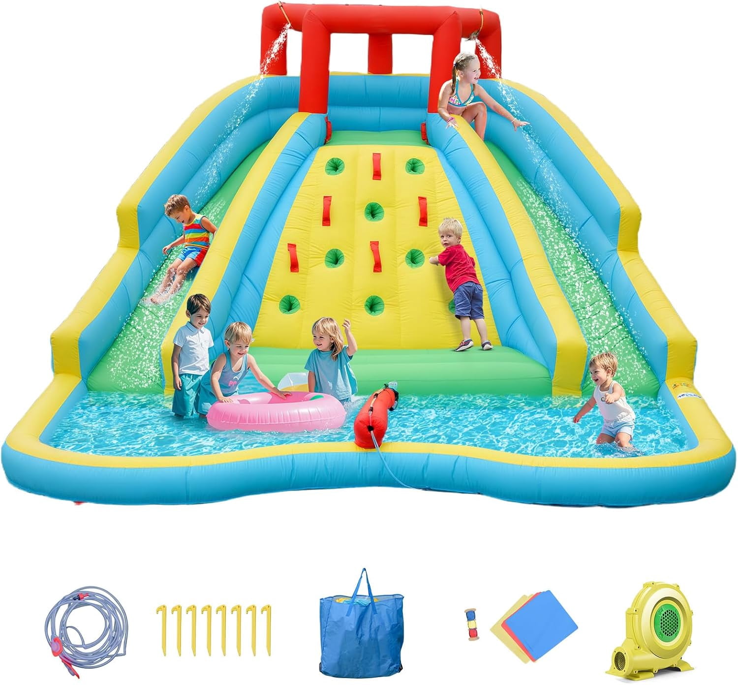 OLAKIDS Inflatable Water Park, 5 in 1 Bounce House with 2 Slides, Climbing Wall, Large Splash Pool, Water Blaster, Outdoor Jumping Castle with  Bag, Repairing Kit, Hose, Stakes (with 750W Blower)