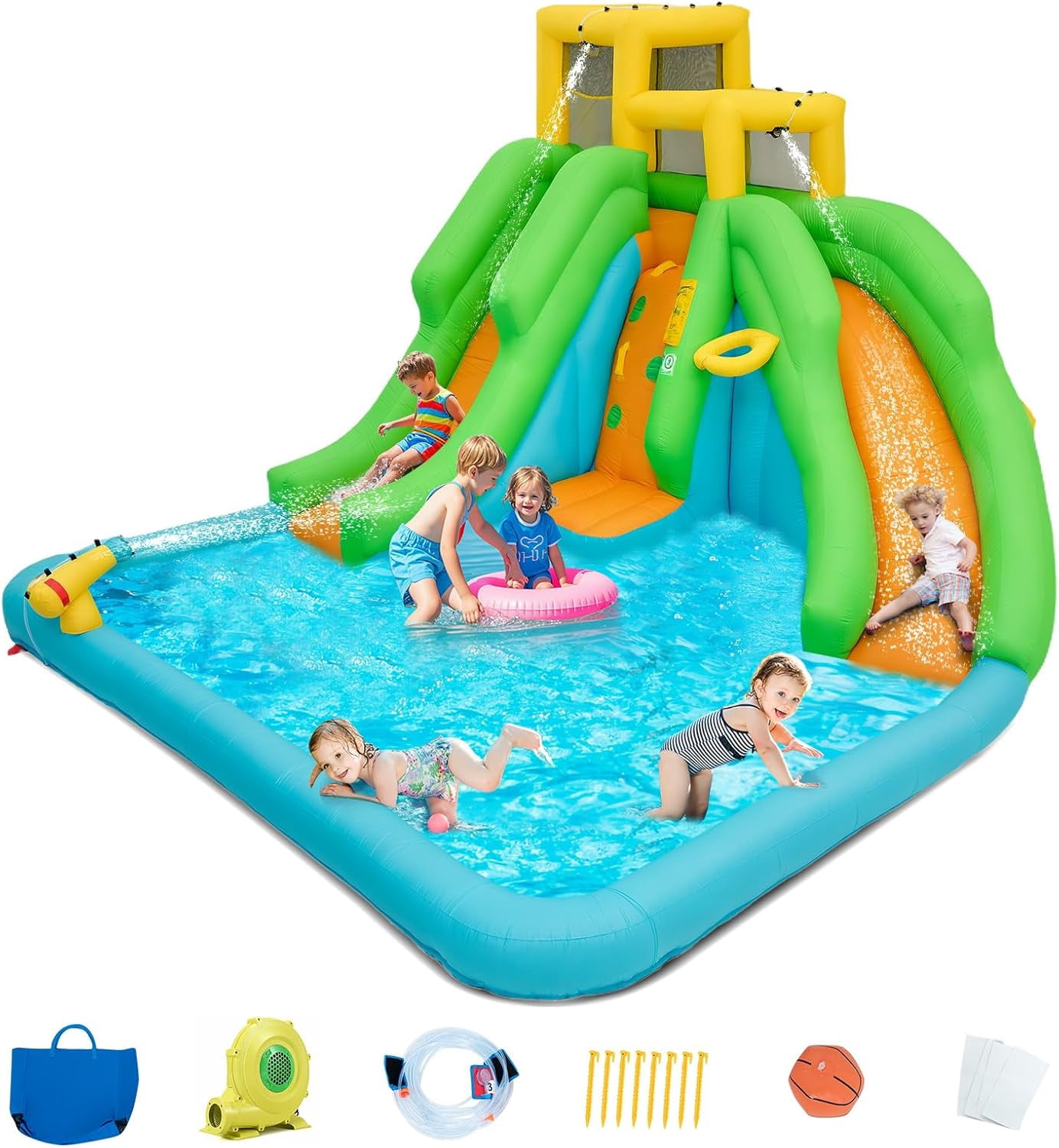 OLAKIDS Inflatable Water Slide, 6 in 1 Bounce House with 2 Slides, Climbing Wall, Splash Pool, Basketball Rim, Water Blaster, Inflatable Water Park with Bag, Repairing Kit, Hose (With Blower)