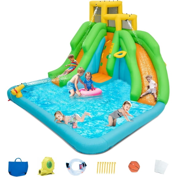OLAKIDS Inflatable Water Slide, 6 in 1 Bounce House with 2 Slides, Climbing Wall, Splash Pool, Basketball Rim, Water Blaster, Inflatable Water Park with Bag, Repairing Kit, Hose (With Blower)