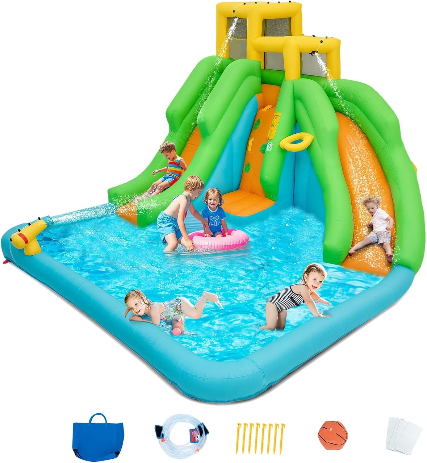 OLAKIDS Inflatable Water Slide, 6 in 1 Bounce House with 2 Slides, Climbing Wall, Splash Pool, Basketball Rim, Water Blaster, Inflatable Water Park with  Bag, Repairing Kit, Hose (Without Blower)