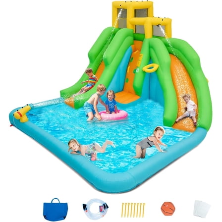 OLAKIDS Inflatable Water Slide, 6 in 1 Bounce House with 2 Slides, Climbing Wall, Splash Pool, Basketball Rim, Water Blaster, Inflatable Water Park with  Bag, Repairing Kit, Hose (Without Blower)