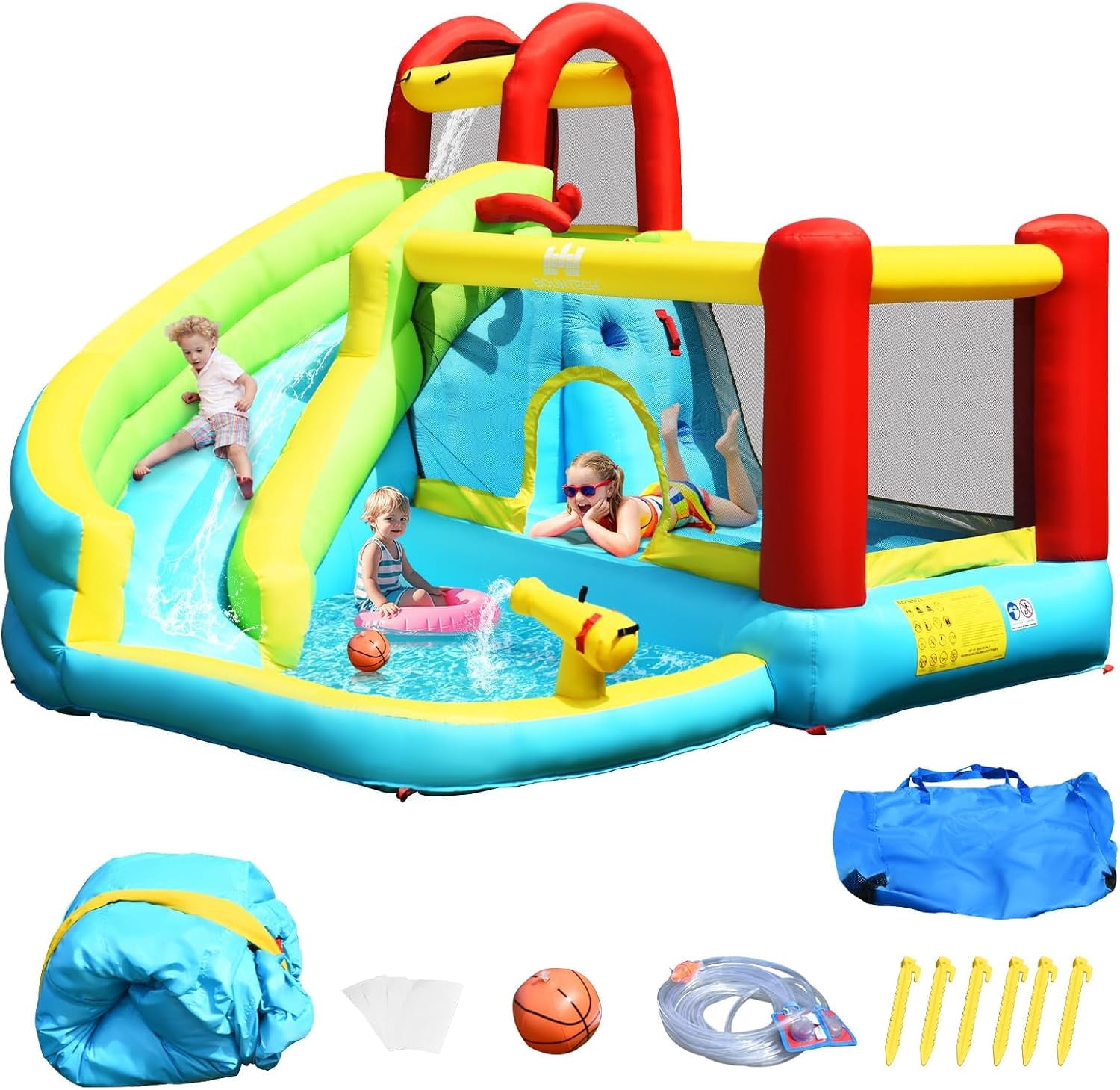 OLAKIDS Inflatable Water Slide, 6 in 1 Bounce House with Slide, Climbing Wall, Splash Pool, Basketball Rim, Water Blaster, Outdoor Water Park Jumping Castle with Carrying Bag, Hose