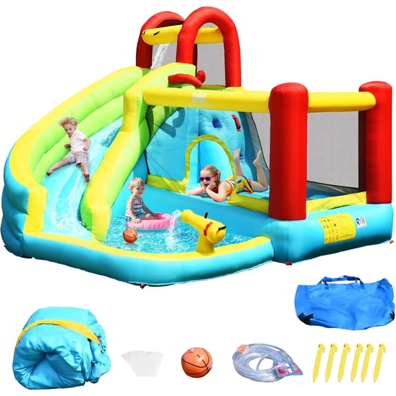 OLAKIDS Inflatable Water Slide, 6 in 1 Bounce House with Slide, Climbing Wall, Splash Pool, Basketball Rim, Water Blaster, Outdoor Water Park Jumping Castle with Carrying Bag, Hose