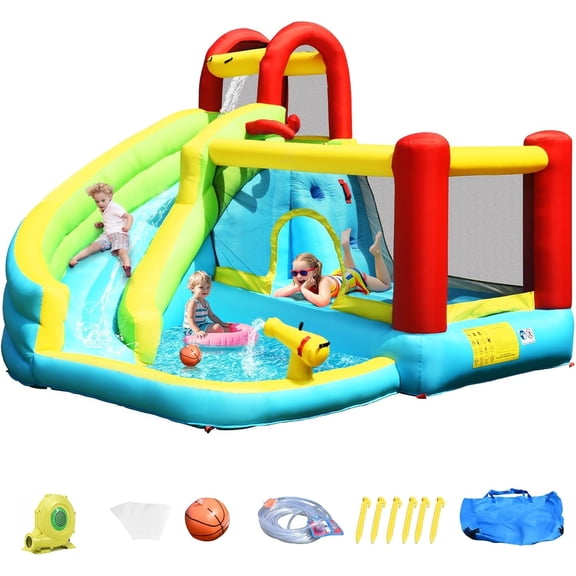 OLAKIDS Inflatable Water Slide, 6 in 1 Bounce House with Slide, Climbing Wall, Splash Pool, Basketball Rim, Water Blaster, Outdoor Water Park Jumping Castle