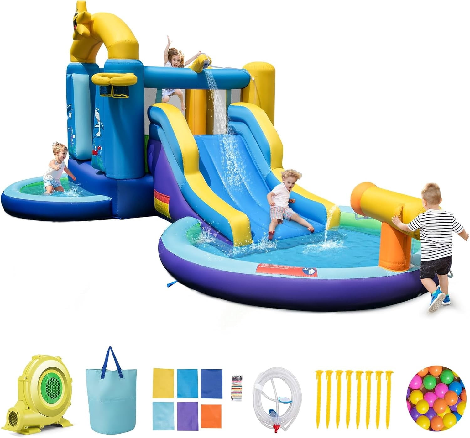 OLAKIDS Inflatable Water Slide, 6 in 1 Ocean Theme Bounce House Water Park with Slide Splash Pool Ball Pit Water Blaster 735W Blower 50PCS Ocean Balls, Outdoor Inflatable Obstacle Course Backyard