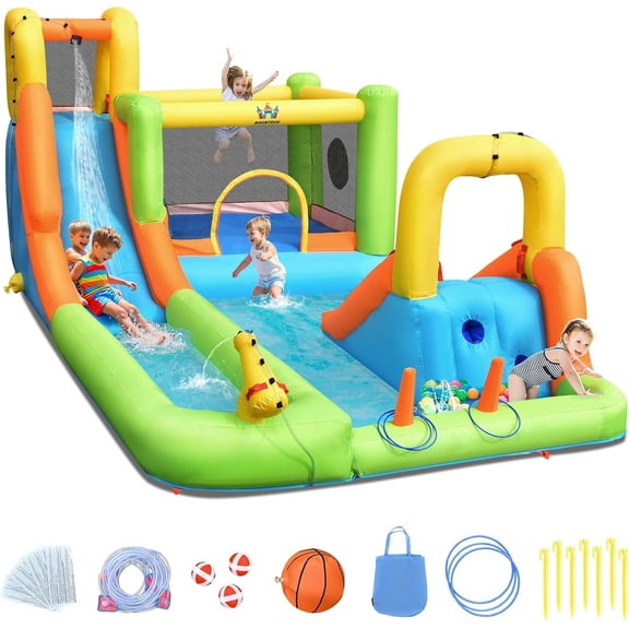 OLAKIDS Inflatable Water Slide, 7 in 1 Bounce House with 2 Slides, Climbing Wall, Splash Pool, 2 Ring Column, Water Blaster, Outdoor Water Park with Carrying Bag, Repairing Kit, Hose (Without Blower)