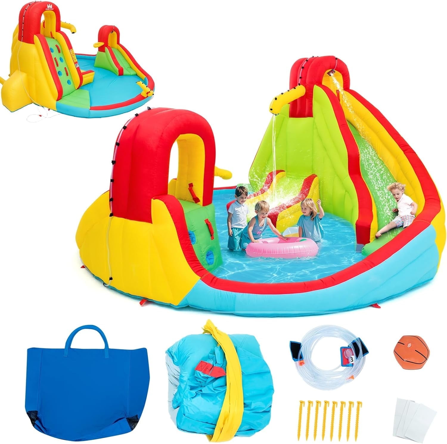 OLAKIDS Inflatable Water Slide, 7 in 1 Bounce House with 2 Slides, Climbing Wall, Splash Pool, Basketball Rim, 2 Water Blasters, Jumping Castle with Carrying Bag, Repairing Kit, Hose