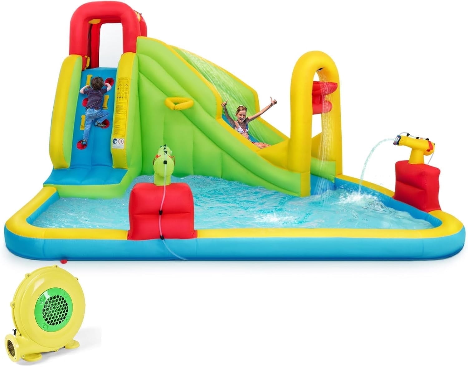 OLAKIDS Inflatable Water Slide, 7 in 1 Bounce House with 2 Slides, Climbing Wall, Splash Pool, Basketball Rim, 2 Water Blaster, Outdoor Water Park with Carrying Bag, Hose,480W Blower