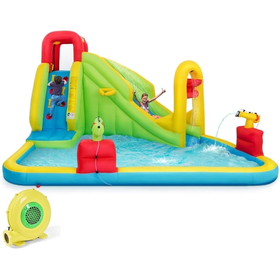 OLAKIDS Inflatable Water Slide, 7 in 1 Bounce House with 2 Slides, Climbing Wall, Splash Pool, Basketball Rim, 2 Water Blaster, Outdoor Water Park with Carrying Bag, Hose,480W Blower