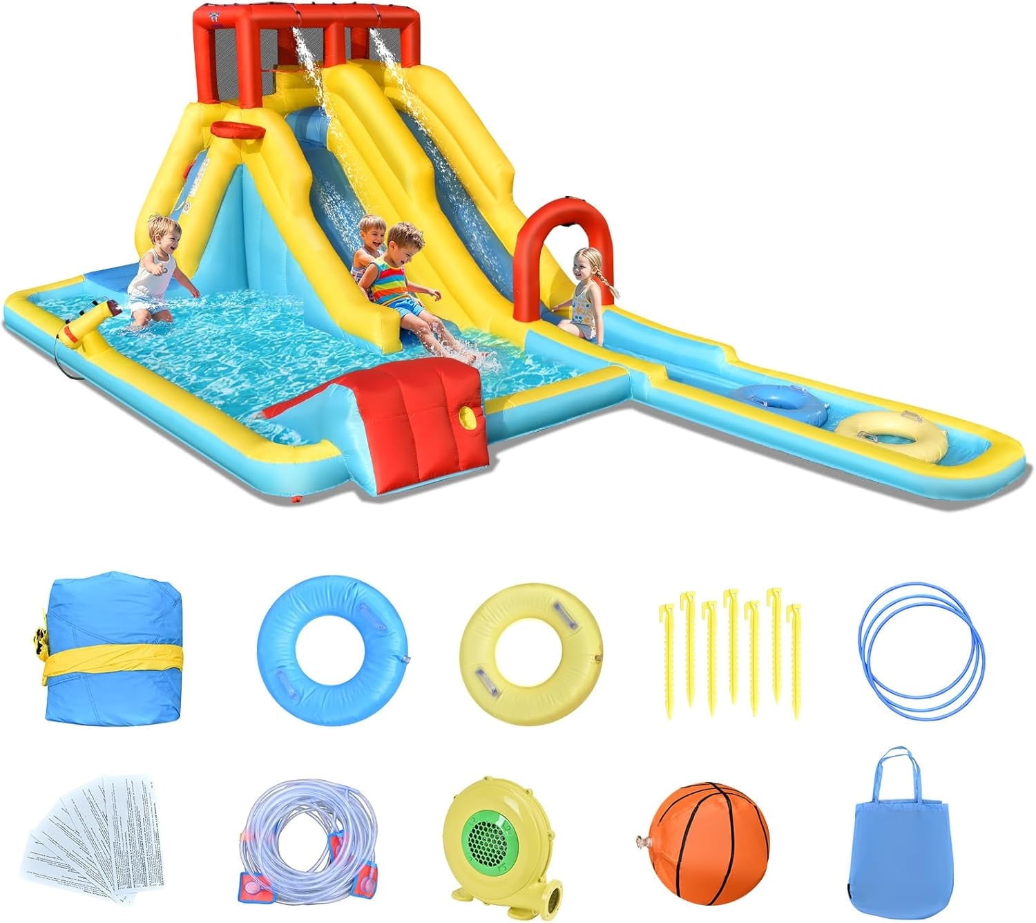 OLAKIDS Inflatable Water Slide, 7 in 1 Bounce House with 2 Slides, Climbing Wall, Splash Pool, Basketball Rim, Water Blaster, Outdoor Water Park with  Bag, Repairing Kit, Hose (with Air Blower)