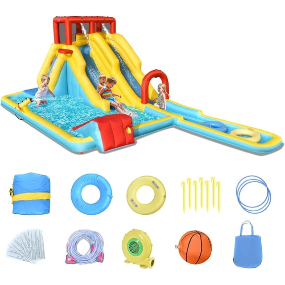 OLAKIDS Inflatable Water Slide, 7 in 1 Bounce House with 2 Slides, Climbing Wall, Splash Pool, Basketball Rim, Water Blaster, Outdoor Water Park with Bag, Repairing Kit, Hose (with Air Blower)