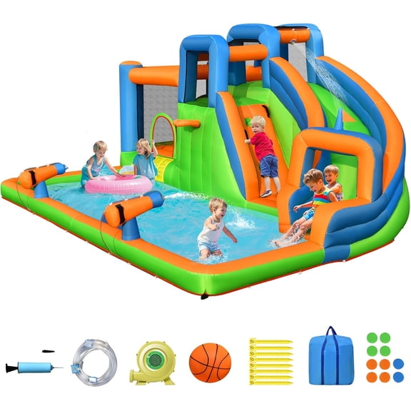 OLAKIDS Inflatable Water Slide, 7 in 1 Bounce House Water Park with Slide Splash Pool Climbing Wall 2 Water Blasters Basketball Rim, Outdoor Inflatable Obstacle Course for Kids Backyard (With 735W)