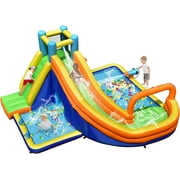 OLAKIDS Inflatable Water Slide, 8 in 1 Bounce House with Slide, Climbing Wall, Splash Pool, Basketball Rim, Water Gun, Tunnel, Outdoor Jumping Park with Hose, Stakes (Without Blower)