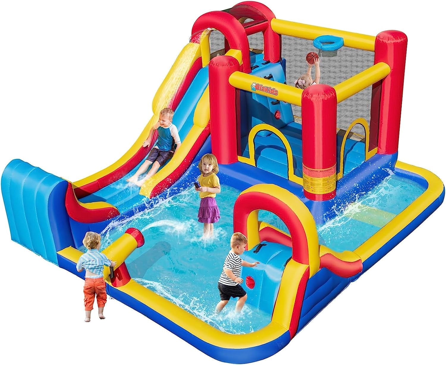 Walmart Saving of  OLAKIDS Inflatable Water Slide, 8 in 1 Bounce House Water Park with 2 Slides Splash Pools, Climbing Wall, Water Gun, Basketball Rim, Outdoor Inflatable Obstacle Course for Kids without air blower