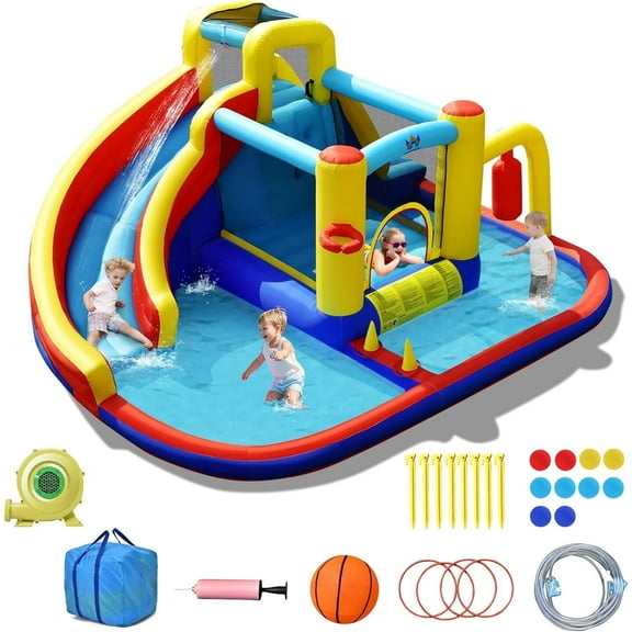 OLAKIDS Inflatable Water Slide, 8 in 1 Bounce House Water Park with Slide Splash Pool Climbing Wall Basketball Hoop Ring Toss, Outdoor Inflatable Obstacle Course for Kids Backyard (With 735W Blower)