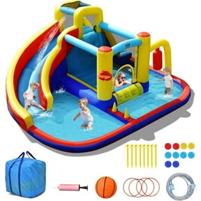 OLAKIDS Inflatable Water Slide, 8 in 1 Bounce House Water Park with Slide Splash Pool Climbing Wall Basketball Hoop Ring Toss, Outdoor Inflatable Obstacle Course for Kids Backyard (Without Blower)