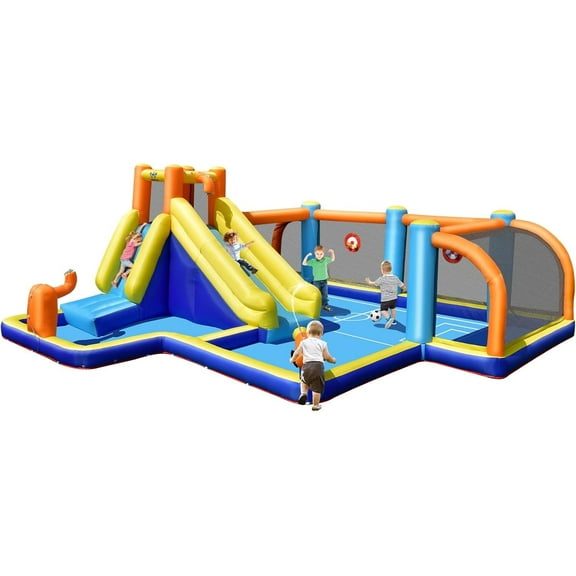 OLAKIDS Inflatable Water Slide, 8 in 1 Bounce House Water Park with Soccer Goals Splash Pool Climbing Wall Water Blasters Target Game, Outdoor Inflatable Obstacle Course Backyard (without Blower)