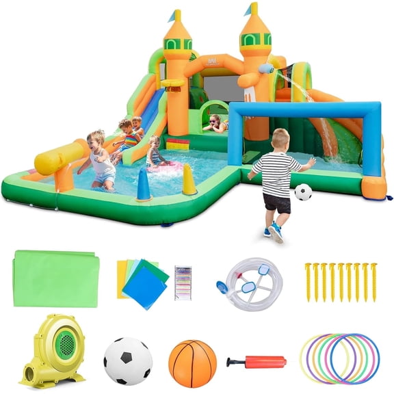 OLAKIDS Inflatable Water Slide, 9 in 1 Bounce House Water Park with Soccer Gate 2 Slides Splash Pool Water Blaster Basketball Rim, Outdoor Inflatable Obstacle Course for Kids Backyard (with 735W)