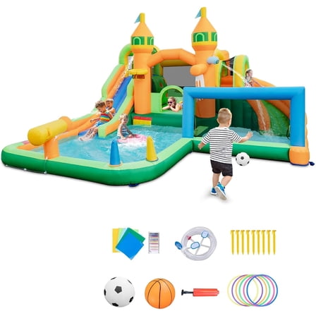 OLAKIDS Inflatable Water Slide, 9 in 1 Bounce House Water Park with Soccer Gate 2 Slides Splash Pool Water Blaster Basketball Rim, Outdoor Inflatable Obstacle Course for Kids Backyard (Without 735W)