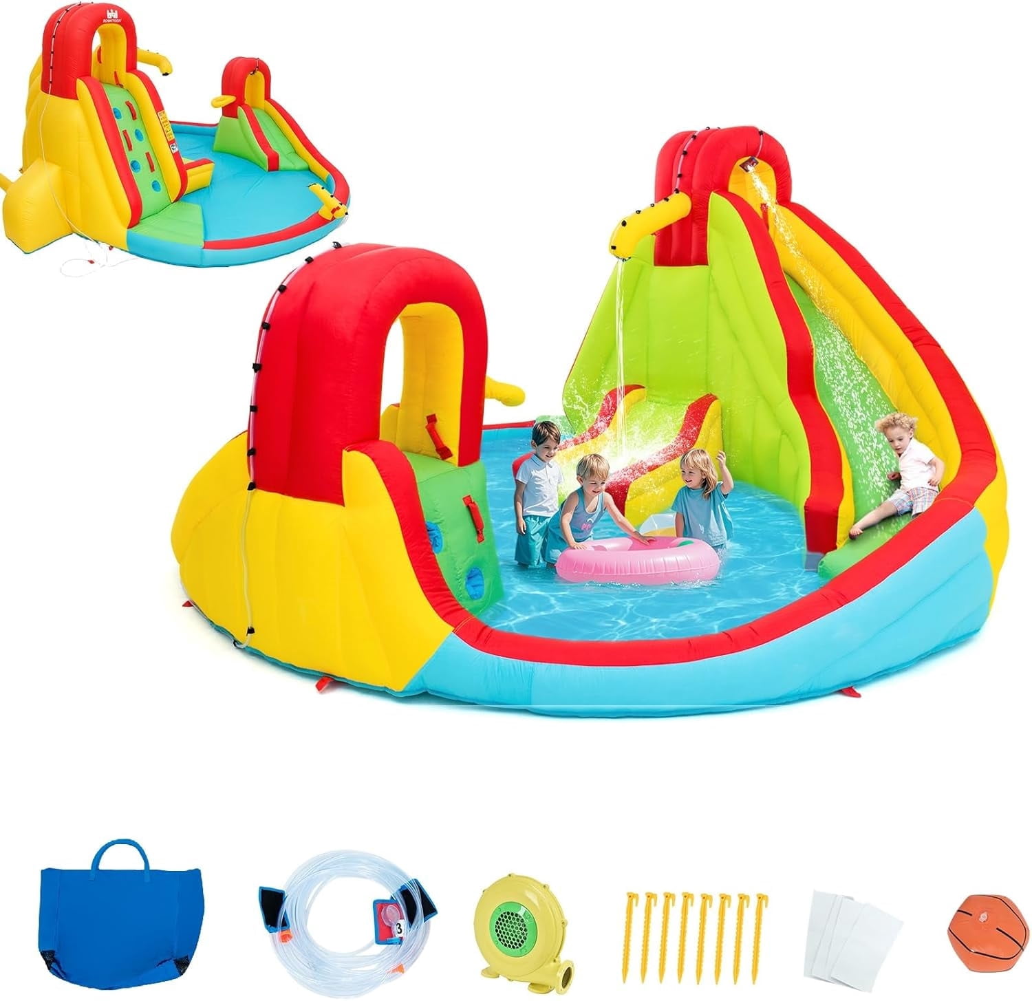 OLAKIDS Inflatable Water Slide, Bounce House with 2 Slides, Climbing Wall, Splash Pool, Basketball Rim, 2 Water Guns, Jumping Castle with Carrying Bag, Repairing Kit, Blower