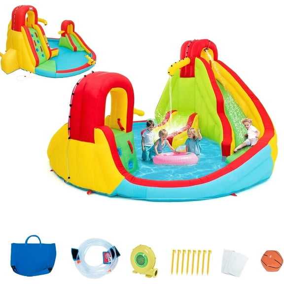 OLAKIDS Inflatable Water Slide, Bounce House with 2 Slides, Climbing Wall, Splash Pool, Basketball Rim, 2 Water Guns, Jumping Castle with Carrying Bag, Repairing Kit, Blower