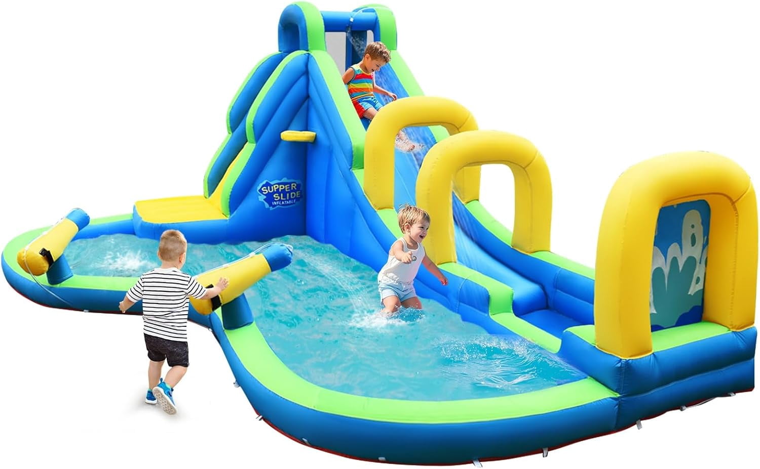 OLAKIDS Inflatable Water Slide, Bouncing House with Slide, Climbing Wall, Splash Pool, Basketball Rim, 2 Water Blasters, Jumping Castle, Accessories with Carrying Bag, Repairing Kit, Hose