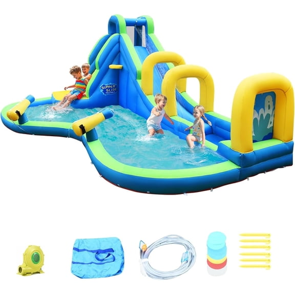 OLAKIDS Inflatable Water Slide, Bouncing House with Slide, Climbing Wall, Splash Pool, Basketball Rim, 2 Water Guns, Jumping Castle with Carrying Bag, Repairing Kit, Hose, Blower