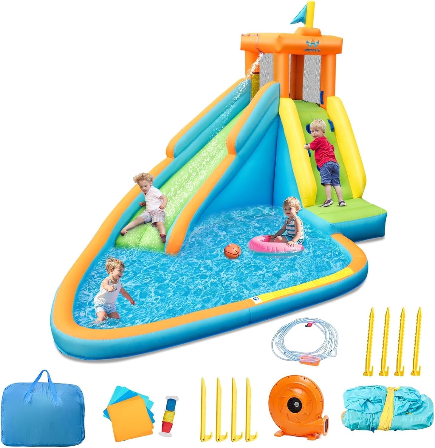OLAKIDS Inflatable Water Slide, Bouncing House with Slide, Climbing Wall, Splash Pool, Kids Jumping Castle Indoor Outdoor with Carrying Bag, Repairing Kit, Hose, 750W Blower