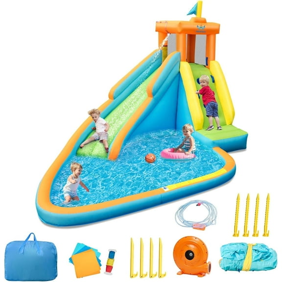 OLAKIDS Inflatable Water Slide, Bouncing House with Slide, Climbing Wall, Splash Pool, Kids Jumping Castle Indoor Outdoor with Carrying Bag, Repairing Kit, Hose, 750W Blower