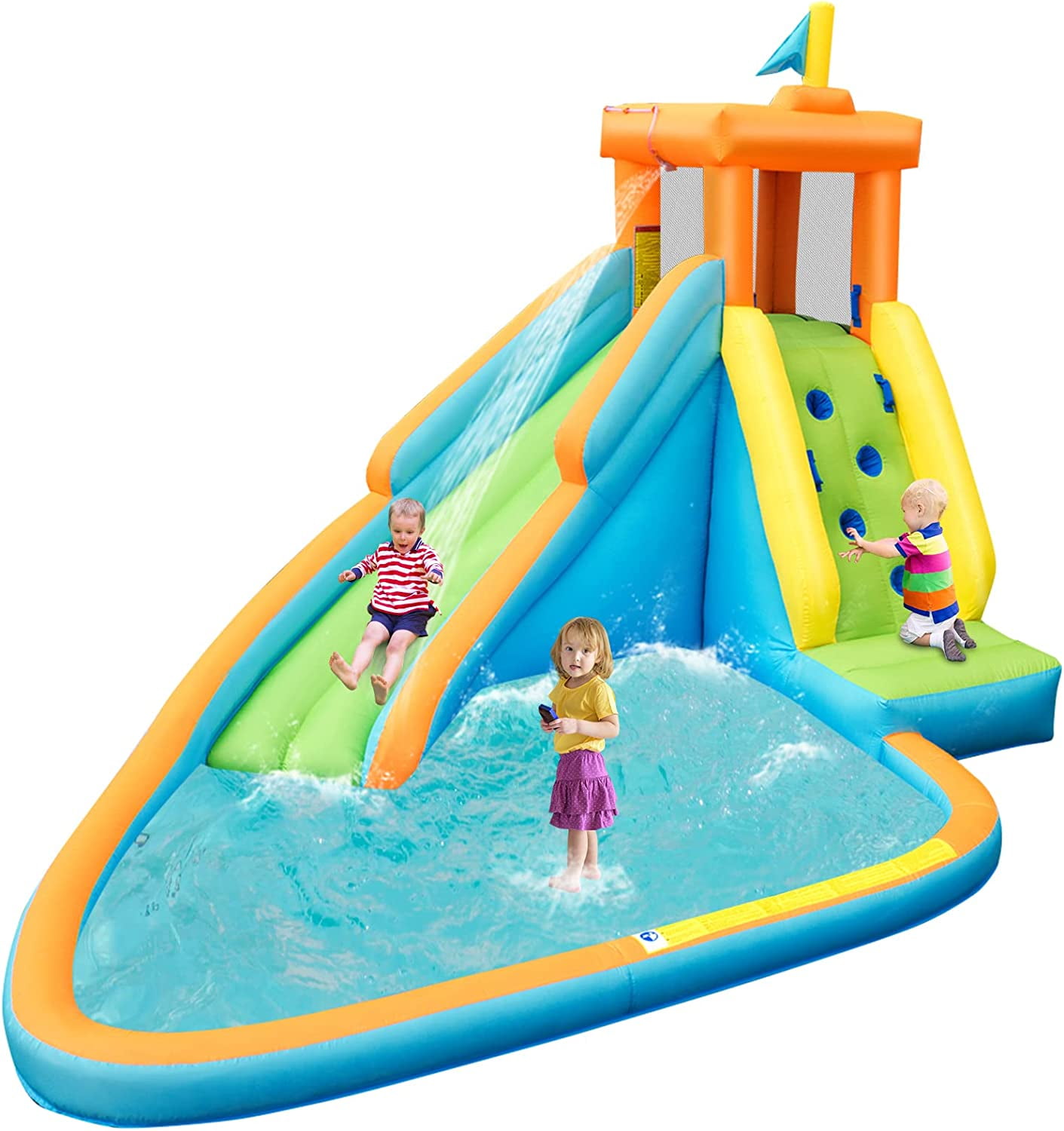 OLAKIDS Inflatable Water Slide, Bouncing House with Slide, Climbing Wall, Splash Pool, Kids Jumping Castle Indoor Outdoor with Carrying Bag, Repairing Kit, Hose