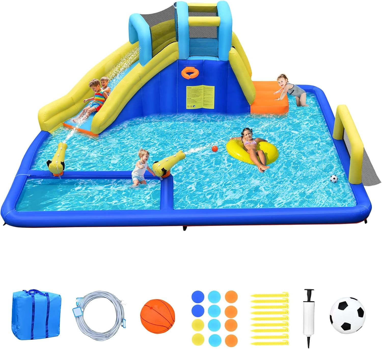 OLAKIDS Inflatable Water Slide, Bouncing Park House with Slide, Pool, 2 Water Blasters, Climbing Wall, Bouncer Castle Outdoor with Hose, Carry Bag, Repaired Kit, Stakes, Balls (Without Blower)