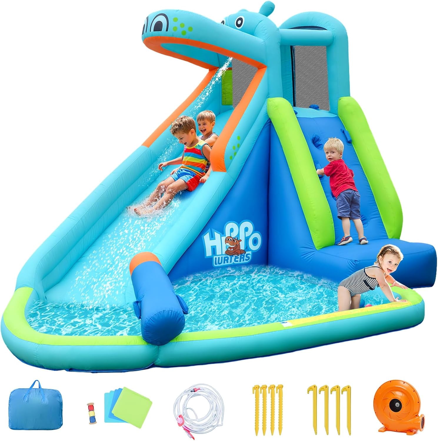 OLAKIDS Inflatable Water Slide, Hippo Themed Bouncer Castle with Slide, Splash Pool, Climbing Wall, Water Blaster, Kids Outdoor Water Park with Hose, Carry Bag, Blower