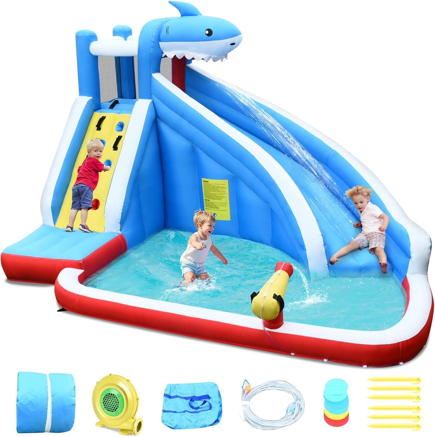 OLAKIDS Inflatable Water Slides, Bouncing House with Slide, Splash Pool, Climbing Wall, Water Blaster, Shark Themed Bouncer Castle Outdoor with Hose, Carry Bag, Blower