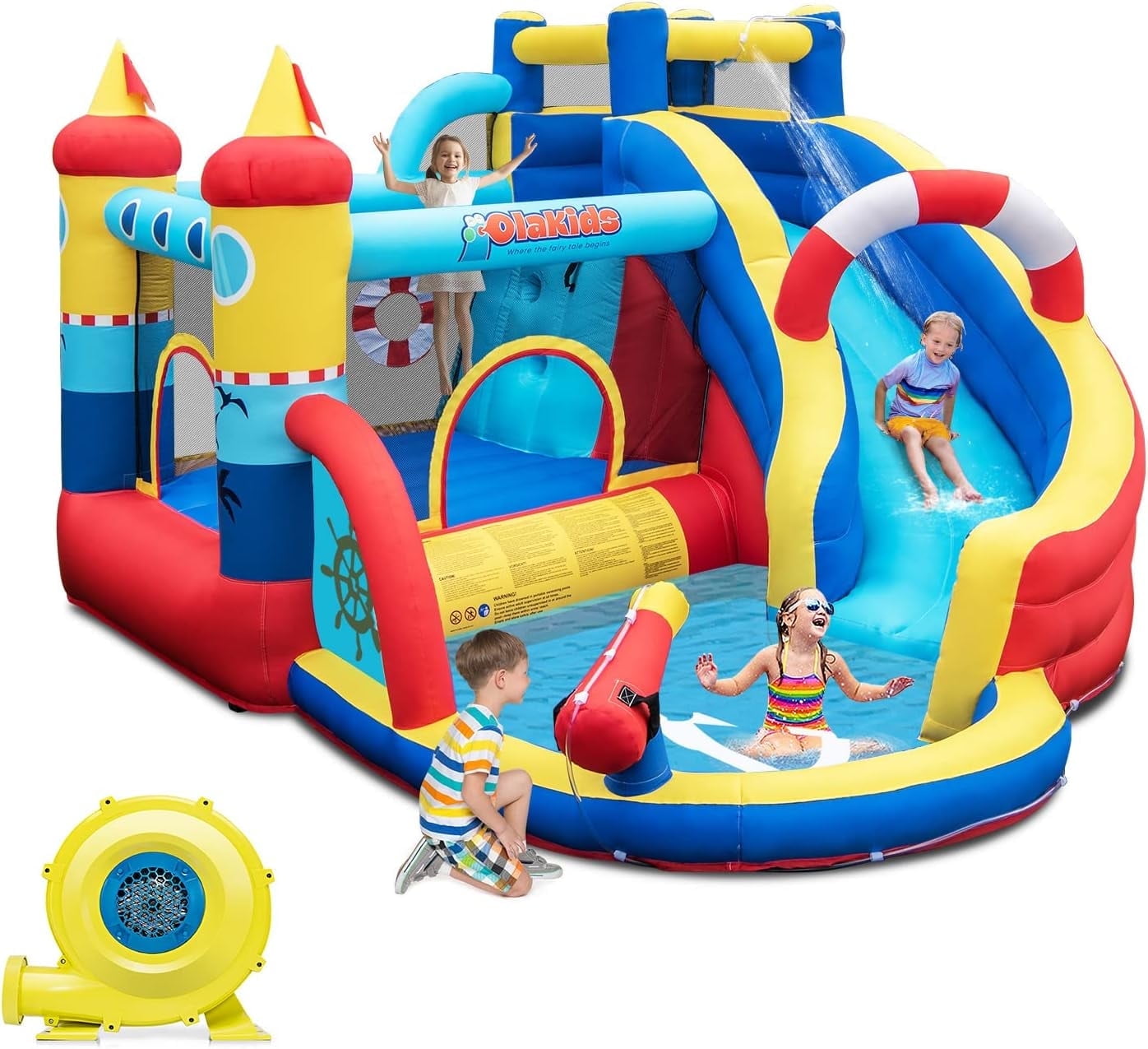 OLAKIDS Inflatable Water Slides, Nautical Themed Bouncy House with Slide, Splash Pool, Climbing Wall, Water Blast, Outdoor Jumping Castle with Hose, Carry Bag, Repairing Kit, Stakes (with Air Blower)