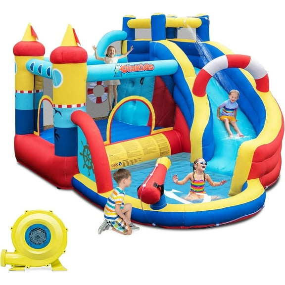 OLAKIDS Inflatable Water Slides, Nautical Themed Bouncy House with Slide, Splash Pool, Climbing Wall, Water Blast, Outdoor Jumping Castle with Hose, Carry Bag, Repairing Kit, Stakes (with Air Blower)