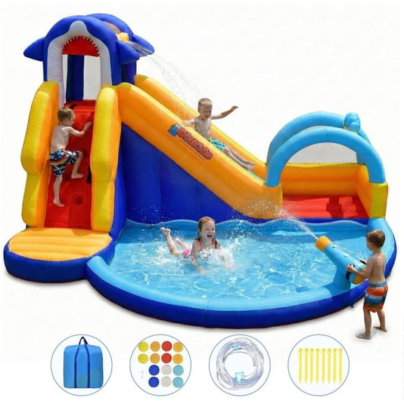 OLAKIDS Inflatable Water Slides, Shark Theme 14FT x 10FT x 8.5FT Bouncy House with Slide, Splash Pool, Climbing Wall, Water Blast, Outdoor Jumping Castle with Hose, Carry Bag, Stakes (Without Blower)
