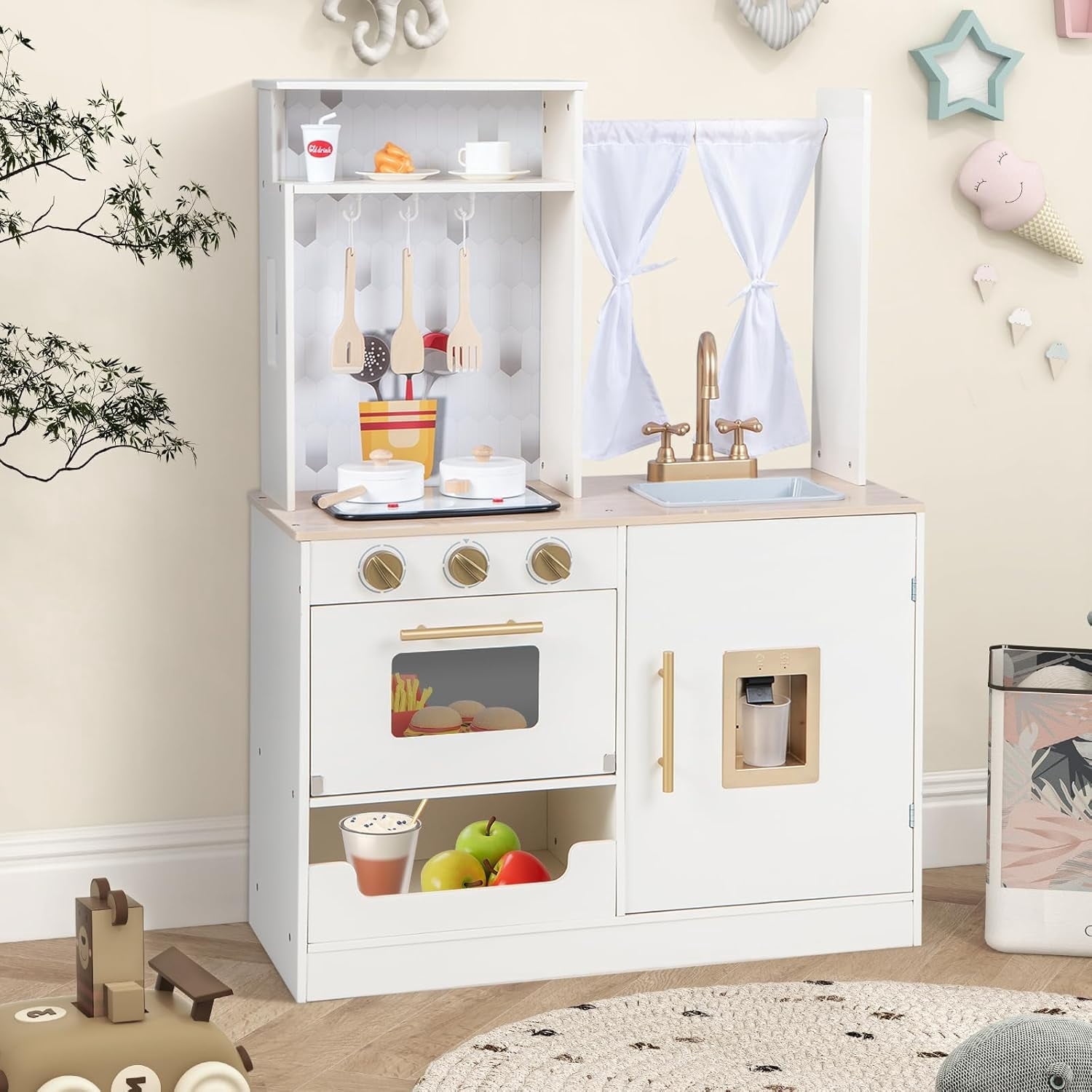 OLAKIDS Kid Kitchen Playset, Toddler Wooden Pretend Cooking Set with ...