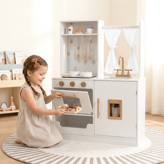 OLAKIDS Kid Kitchen Playset, Toddler Wooden Pretend Cooking Set with Realistic Light & Sound, Stove, Sink, Microwave, Storage Cabinet, Play Kitchen Toy Set for Children Boys Girls (Classical)