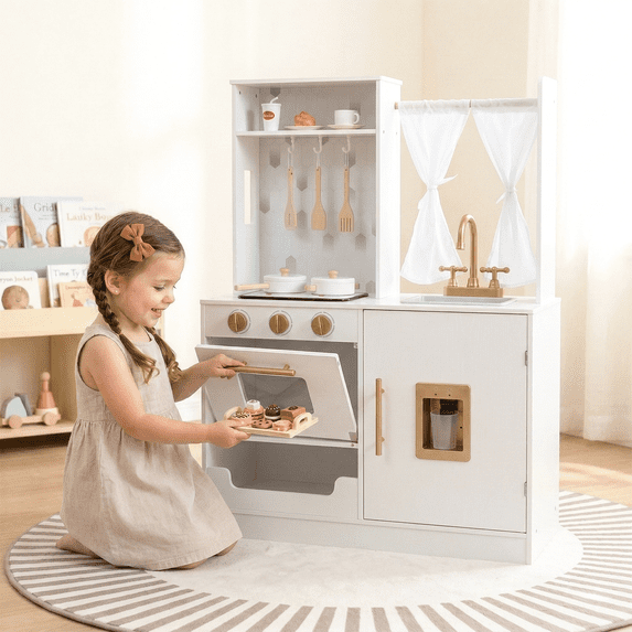 OLAKIDS Kid Kitchen Playset, Toddler Wooden Pretend Cooking Set with Realistic Light & Sound, Stove, Sink, Microwave, Storage Cabinet, Play Kitchen Toy Set for Children Boys Girls (Classical)