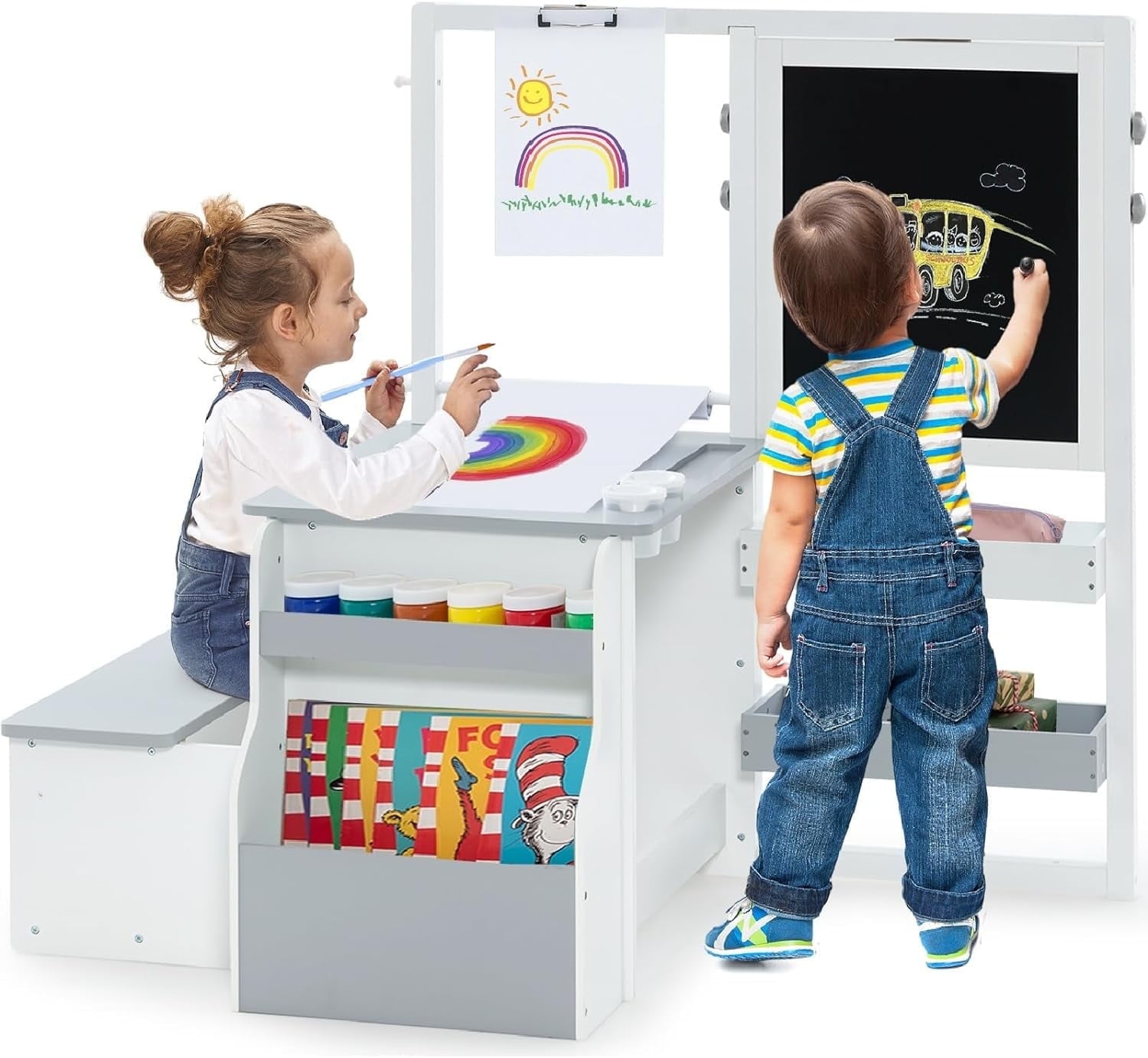 INFANS Kids Art Table and Chair Set, 3 in 1 Toddler Craft and Play Wood Activity Desk with Double-Sided Easel Paper Roll for Drawing Painting Writing, Children Furniture for Daycare Playroom