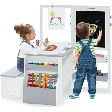 OLAKIDS Kids Art Table and Chair Set, 3 in 1 Toddler Craft and Play Wood Activity Desk with Double-Sided Easel Paper Roll for Drawing Painting Writing, Children Furniture for Daycare Playroom