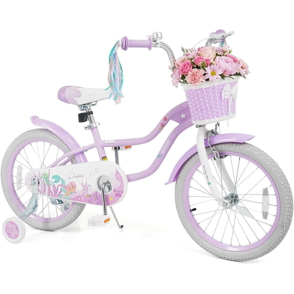 OLAKIDS Kids Bike, 12 14 16 18 20 Inch Mermaid Theme Toddler Children Bicycle for Girls with Training Wheels Basket Streamers Adjustable Handlebar Seat Coaster Brake