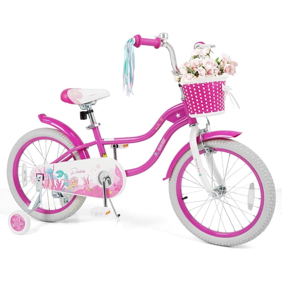 OLAKIDS Kids Bike, 12 14 16 18 20 Inch Mermaid Theme Toddler Children Bicycle for Girls with Training Wheels Basket Streamers Adjustable Handlebar Seat Coaster Brake